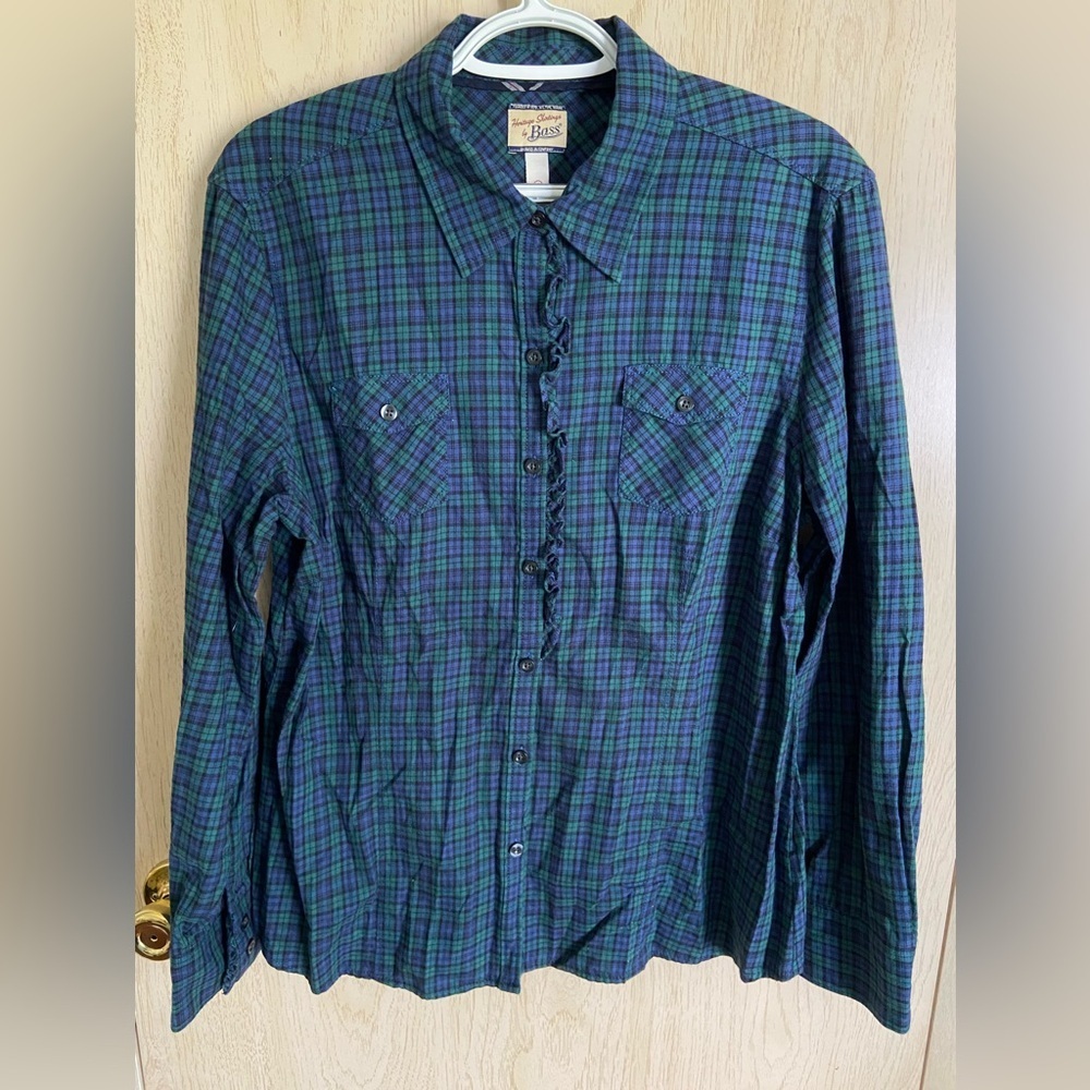 GH BASS & CO Black Watch Plaid Button Down Ruffle Shirt Sz XL